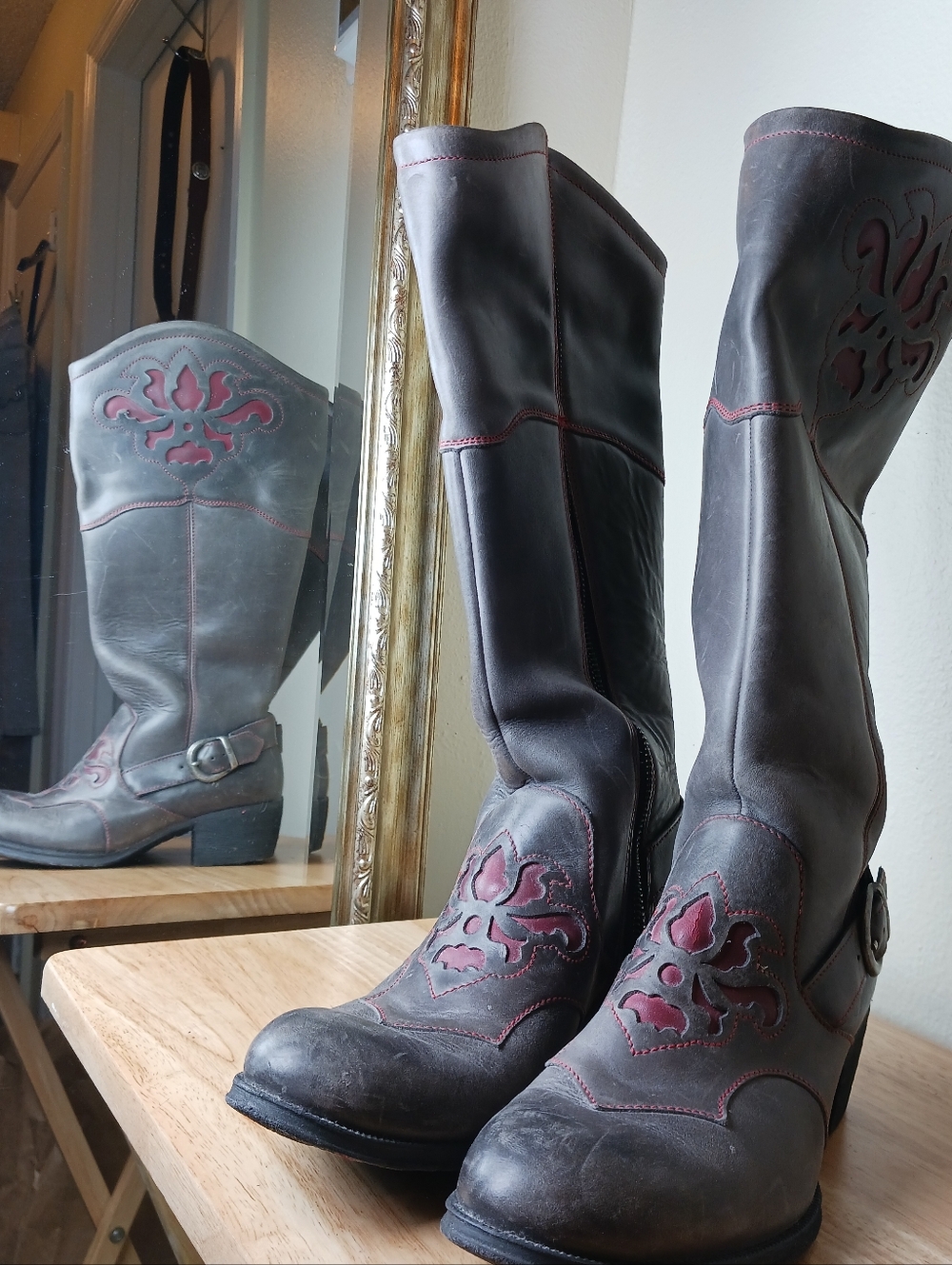 Born Black Leather Tall Boots with Red Stitching Accent